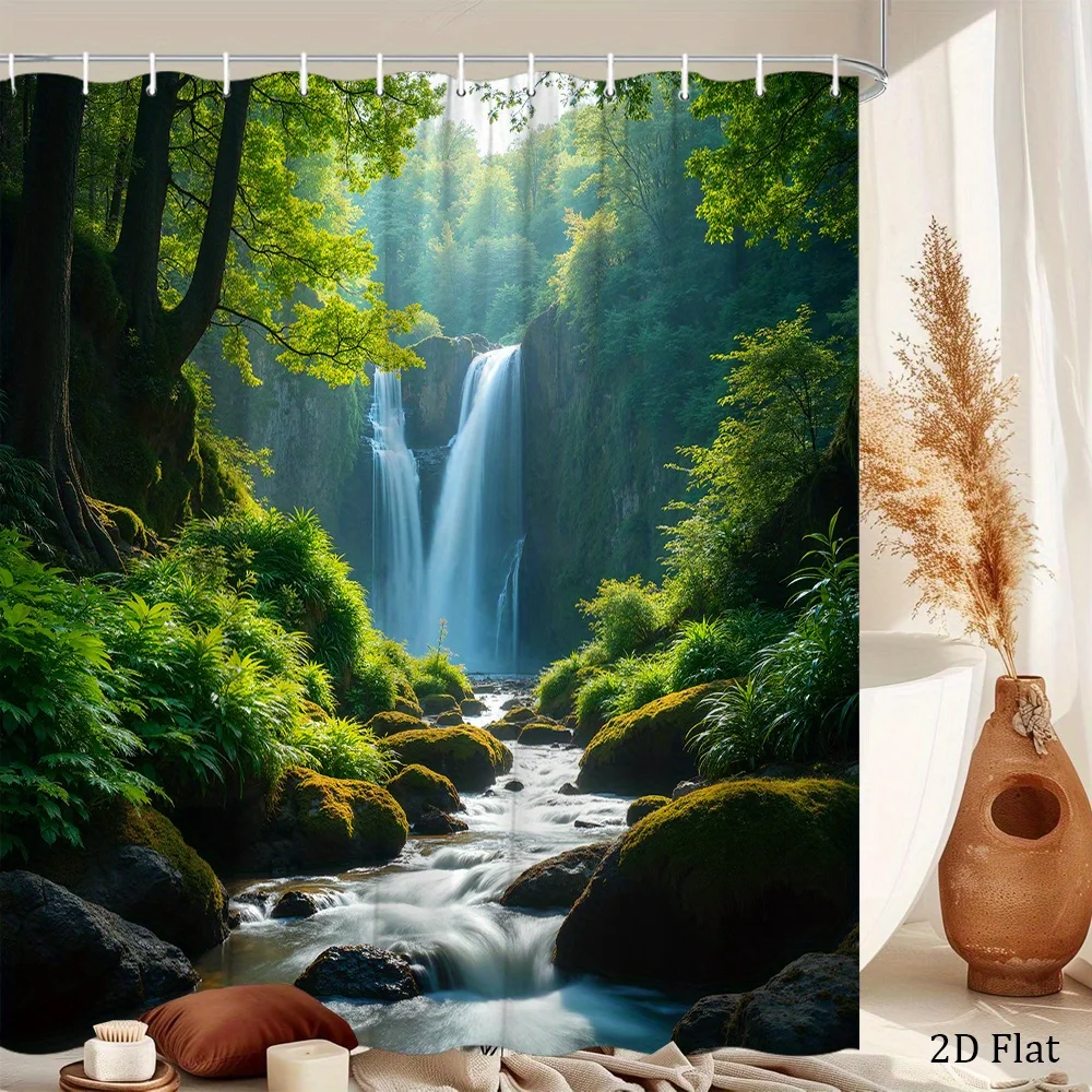 1pc Enchanting Forest Waterfall Shower Curtain - Sunlight-Filtered Nature Scene with Lush Foliage, Clear Stream & Cascading Wate