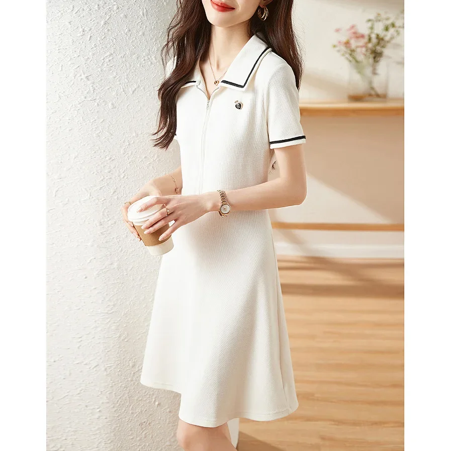 

Simple contrasting color straight tube skirt for spring and summer, loose and stylish, versatile lapel short sleeved dress