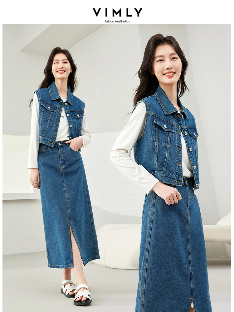 Vimly Retro Washed Cotton Denim Skirt Sets 2024 Spring Lapel Sleeveless Jean Jacket Sraight Split Midi Skirt 2 Piece Set 72925