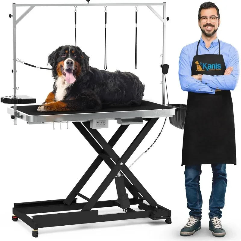 Height Adjustable Pet Grooming Table w/Leveling Wheels, Dog Grooming Arm, Anti Slip Tabletop & Tool Organizer