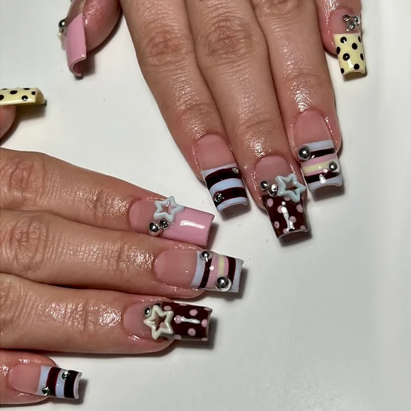 

24PCS Glossy Press on Nails Bold Blue White Stripes False Nails Square Coffin Nails with Yellow Polka Dots Diamond Star Design