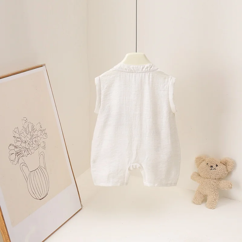 2026 Summer Cartoon Bear Print 3M-3Y Baby Romper Wide Shoulder Stand Collar Baby Clothes Thin Linen Unisex Toddler Jumpsuit