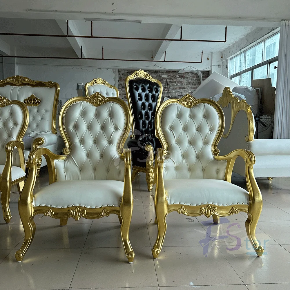 

2pcs Wholesale Cheap High Back King Throne Chair for Sale Royal Gold Classic Wooden Throne Chair