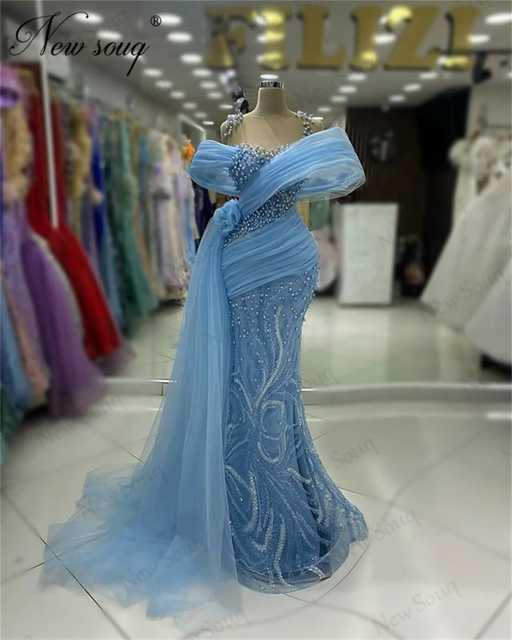 

Custom Made Pearls Prom Dresses With Slit Train Robes De Soiree 2024 Female Party Dress Beaing Off Shoulder Dubai Evening Gowns