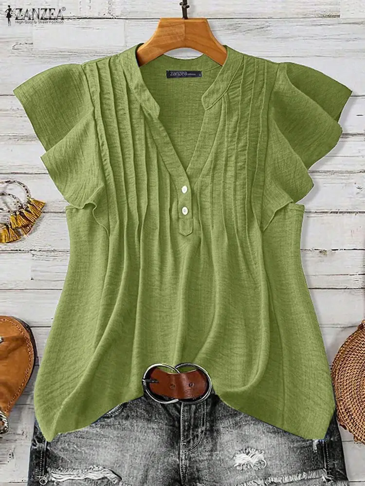 2025 Summer Women Tops ZANZEA Casual Short Sleeve Blouse Stylish V Neck Holiday Shirt Female Work Blusas Mujer Chemise Oversize