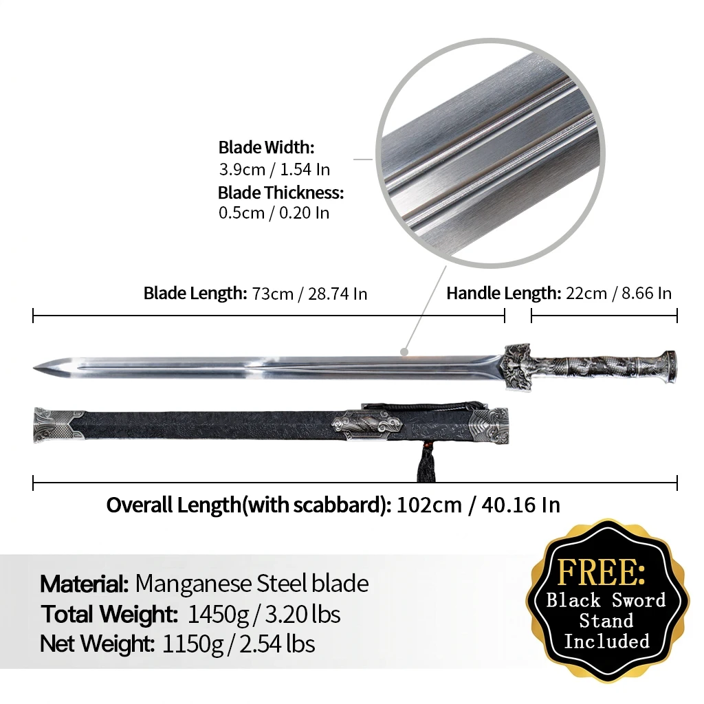 Xuanqiong Han Jian Chinese Sword, High Performance Manganese Steel Blade with Wood & Leather Sheath, Collectible Decorative Art