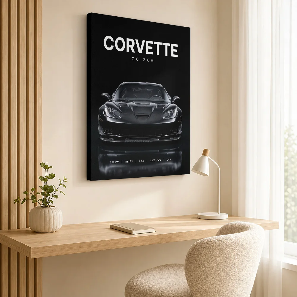 Sleek Black Corvette C6 Z06 Car Framed Canvas Print Poster Personalized Photo Dynamic Wall Art Garage Studio Decor Driver Gift