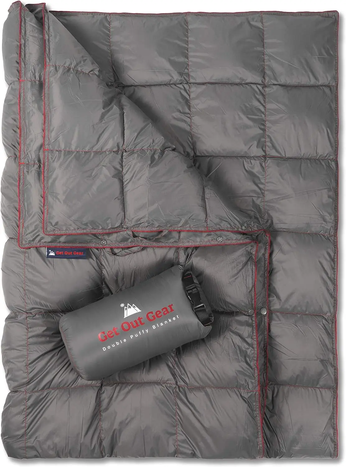 

Double Puffy Camping Blanket - Lightweight, Warm & Packable for Outdoor Adventures, Travel, Stadium, Beach, Hammock | Water-Resistant Camp Quilt (Gray/Burgundy)