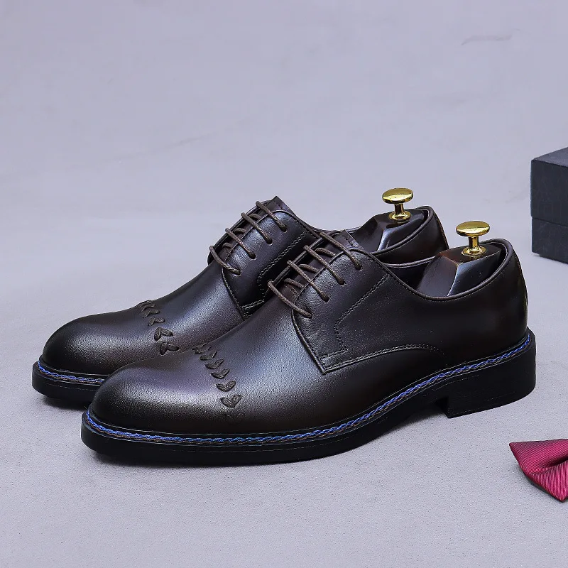 Genuine Leather Derby Shoes Men's Luxury Braided Detail Blue Stitch Accent Lace-Up Formal Comfortable Male Dress Shoes On Sale