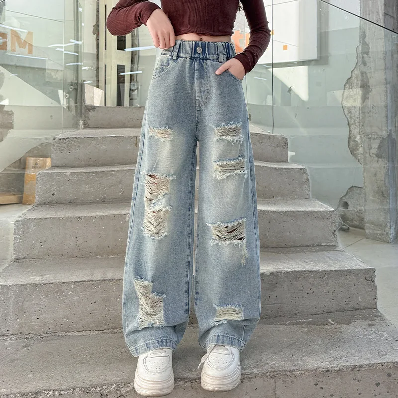 

Cowgirl Ripped Jeans With Hole Kids Girls Casual Style Destroyed Denim Pants Spring Autumn Child High Street Clothes 5 to 14 Y