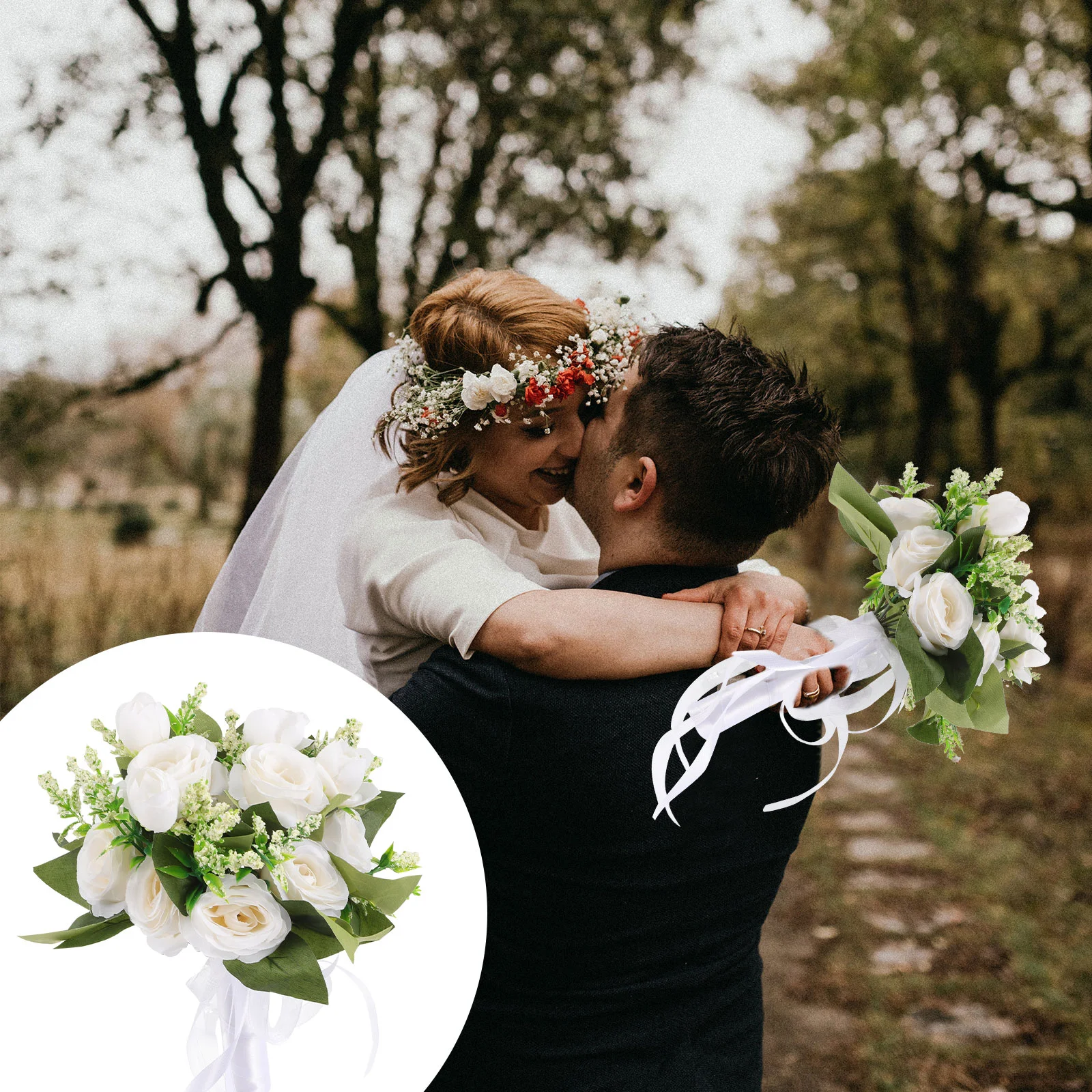 Bouquet da damigella d'onore Fiori finti da sposa Decorazioni di nozze invernali Artificiale bianco per