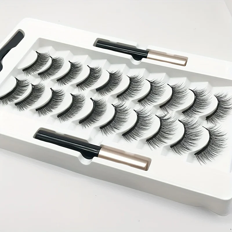 10Pairs Magnetic Lashes And Eyeliner Set Party Makeup Extension No Glue Required with Two Liquid Magnetic Eyeliners And Tweezers
