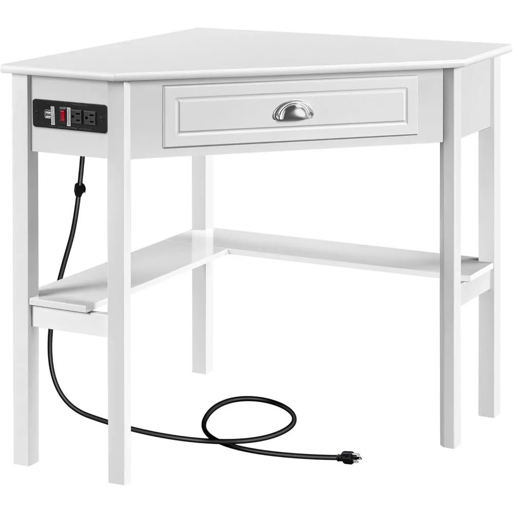 

L-shaped computer desk with power socket, reversible triangular workstation with USB port and hook