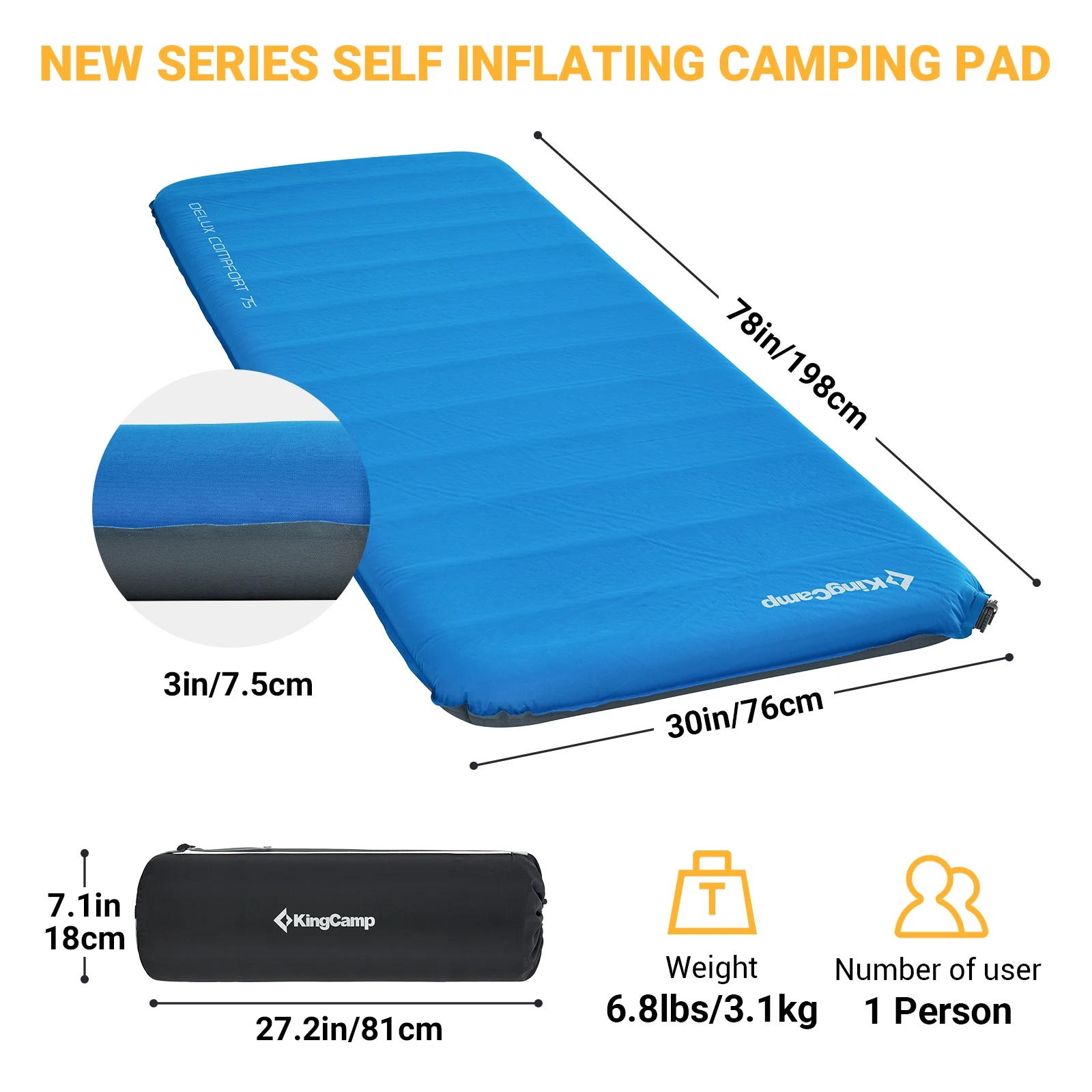 KingCamp Self Inflating Sleeping Pad Comfort Plus Camping Sleeping Mattress, Inflatable Insulated Camping Pad For Tent