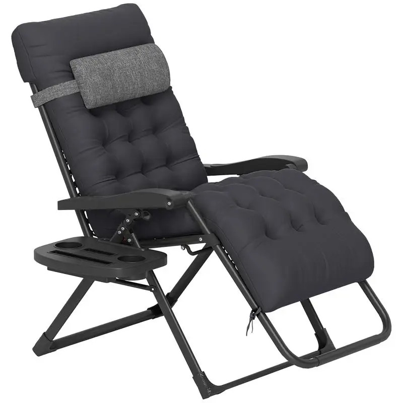 Padded Folding Recliner Chair, Patio Lounger with Cupholder, Adjustable Backrest, Removable Cushion, Black