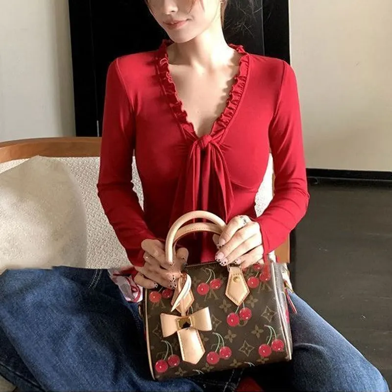 Fashionable V-Neck Drawstring Bow Pullovers Female Clothing Solid Color Autumn Long Sleeve Slim Casual Folds Spliced T-shirts