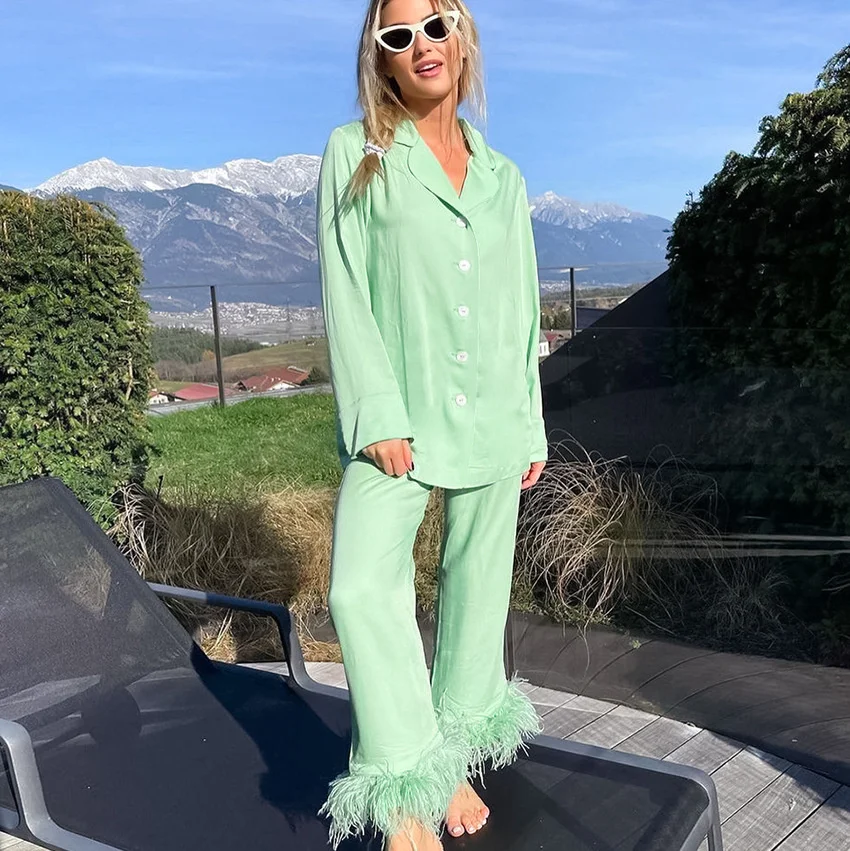 Fashion 2023 Spring Pajamas New For Women Cotton Sleepwear Set Green Feather Decoration Knit Nightwear Casual Ladies Home Wear