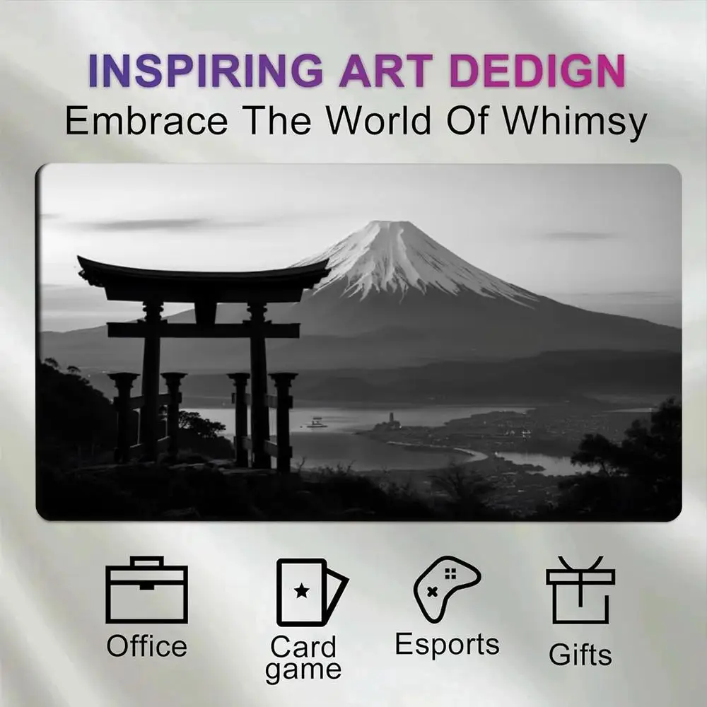 Large Gaming Mouse Pad Black White Mount Fuji Torii Gate Pattern Extended Desk Mat Non-Slip Rubber Base Waterproof Keyboard Pad