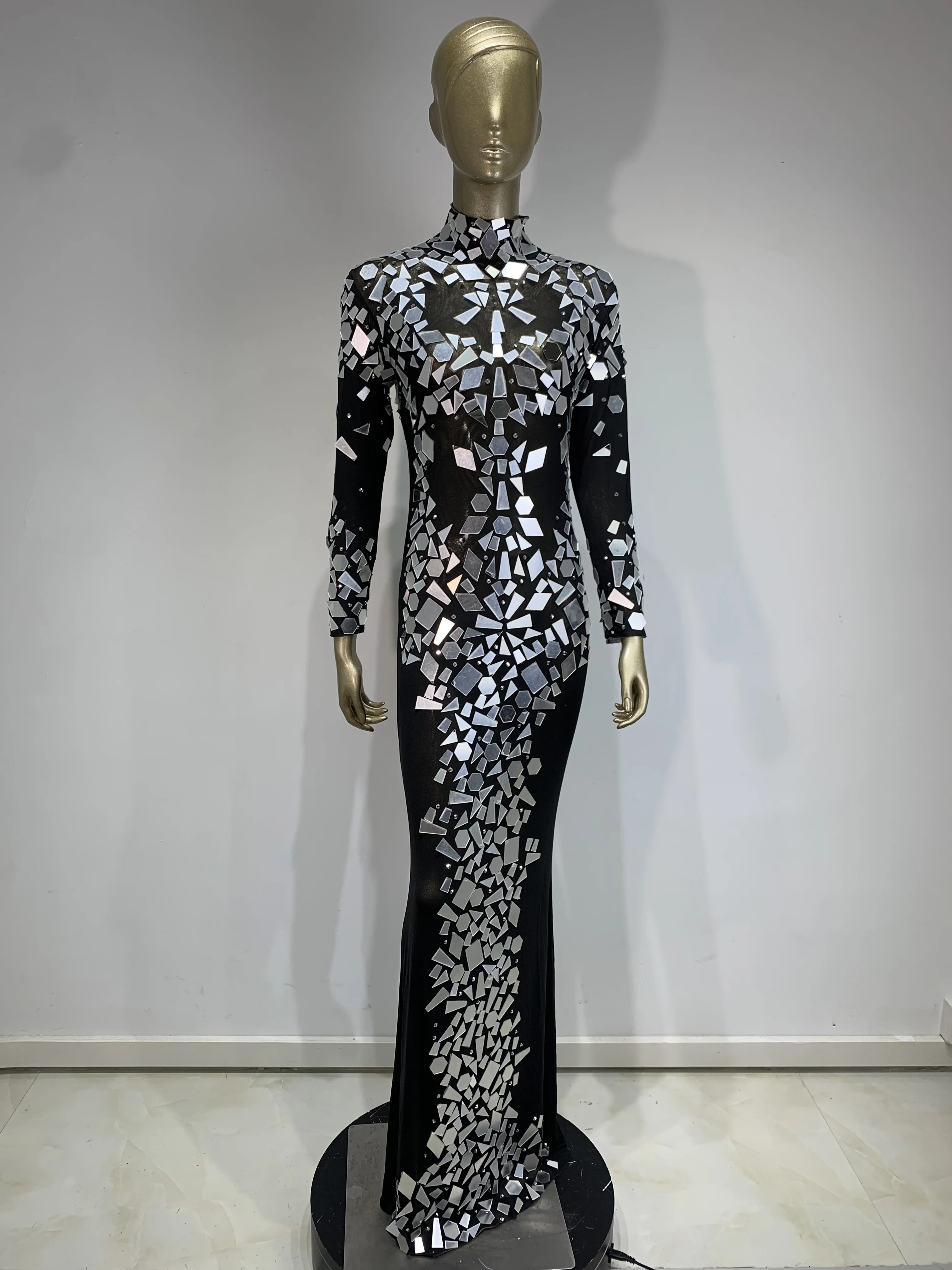 

Women Sparkling Sequin Sexy Mesh Perspecti Long Sleeve Dress Stage Show Wear Celebrity Elegant Evening Birthday Party Dresses