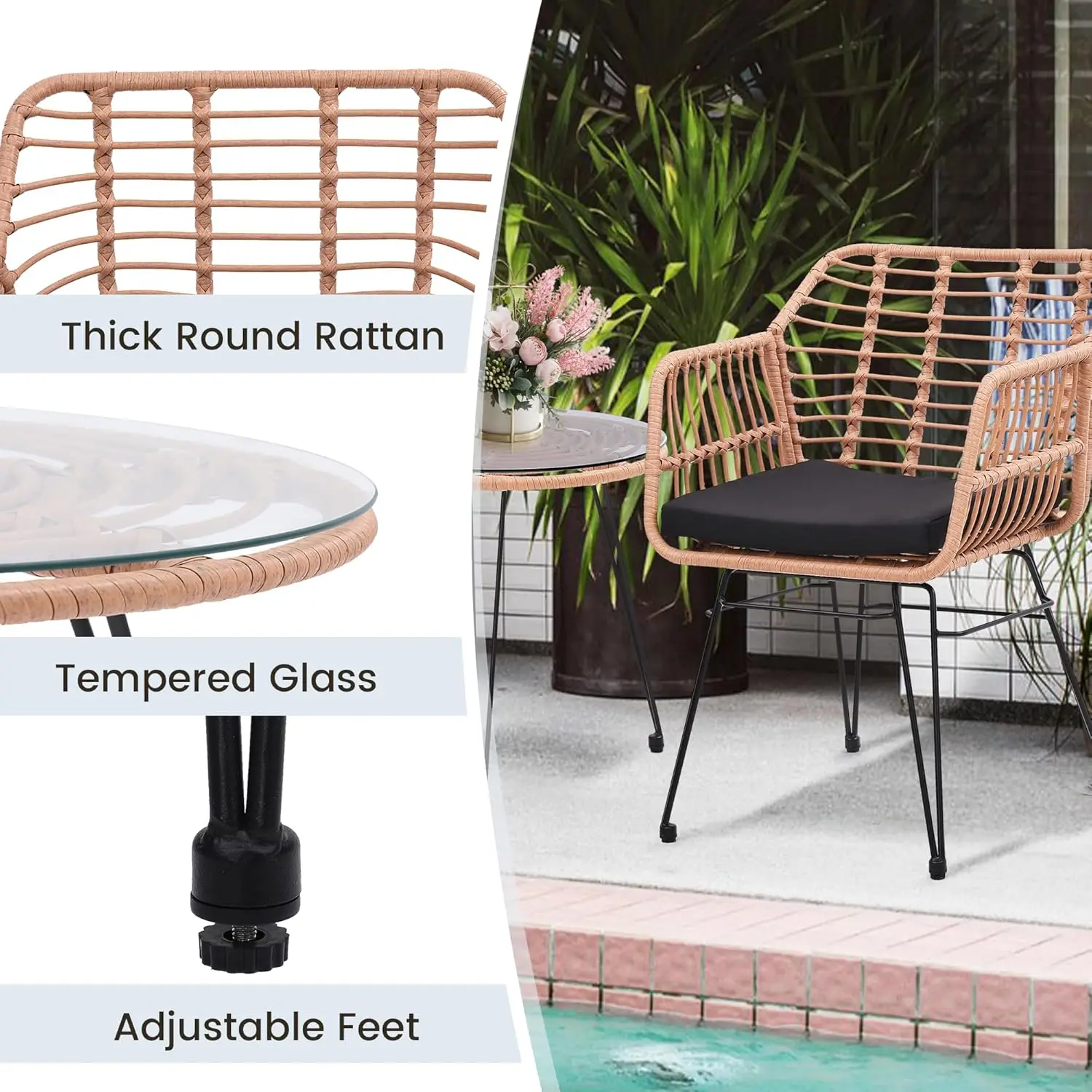 مجموعة أثاث Wicker Patio Bistro مكونة من 3 قطع، تتضمن كرسيين من الخيزران وطاولة علوية زجاجية، مثالية للشرفة والخارجية والفناء الخلفي