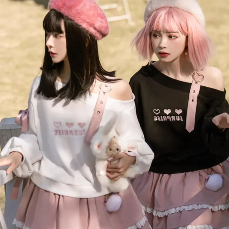 

Japanese Sweet Off Shoulder Lolita Soft Girl Embroidered Heart Lace-up Bow Tie Top Skirt Suit for Women Harajuku Cosplay Costume