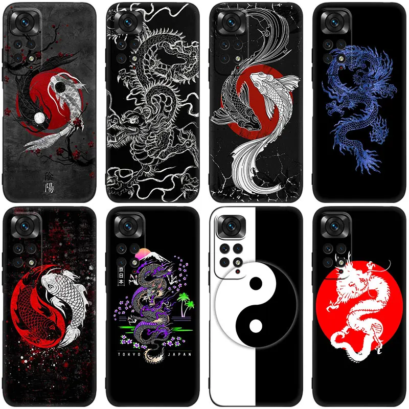 Japanese Art Dragon Yin Yang Black Phone Case For Xiaomi Redmi Note 12 + 11 11S 11T 11E 10 10T 5G 10S 9S 9 8T 7 6 Pro Soft Cover