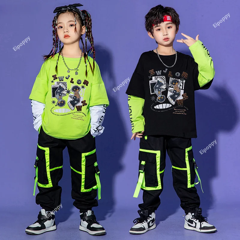 Boys Hip Hop Fake Two Piece Cartoons Sweatshirt Cargo Pants Girls Street Dance Costumes Child Streetwear Kids Jazz Clothes Sets