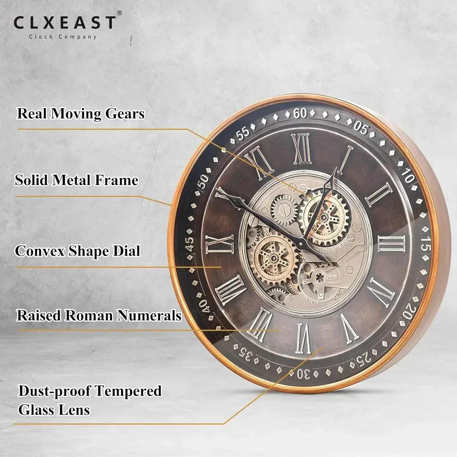 24 Inch Wall Clock with Moving Gears,Oversized Large Industrial Steampunk Clock, Antique Gold Metal Roman Numeral Wall Clocks fo
