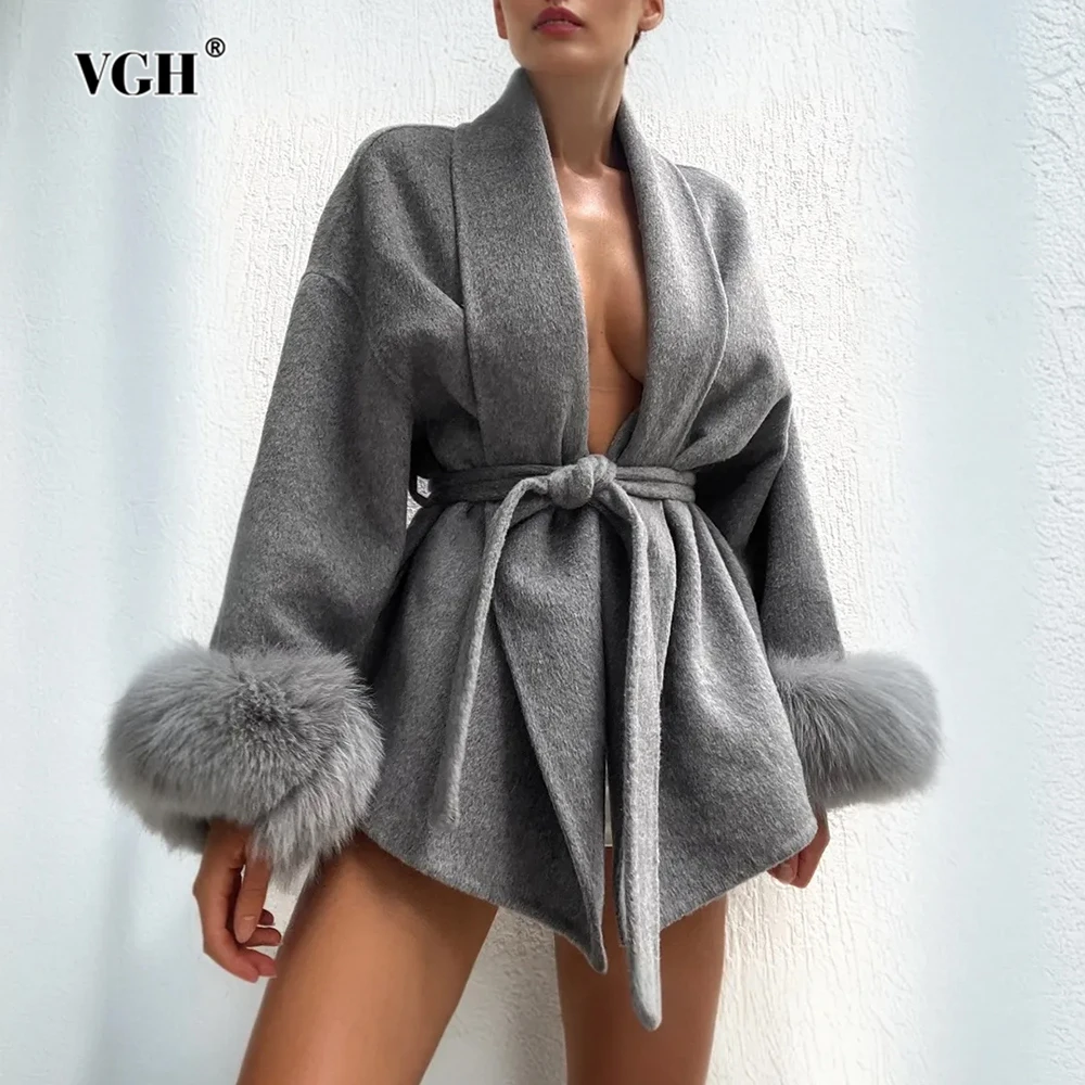 

VGH Solid Temperament Slimming Jackets For Women V Neck Long Sleeve Spliced Lace Up Autumn Vintage Chic Coat Female Fashion New