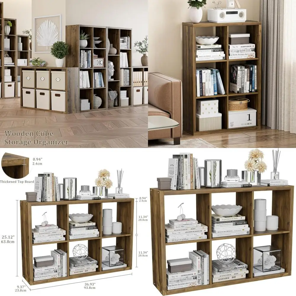 

11-дюймовая деревянная книжная полка-куб с открытой задней стенкой, утолщенный бордюр, коричневая, 6 секций для дома и офиса