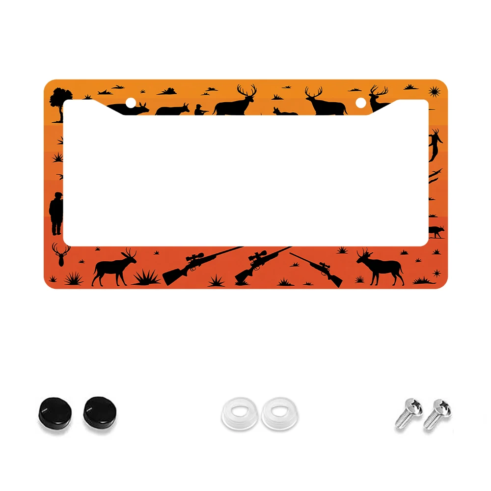

1pc Orange 2-Hole License Plate Frame with Deer and Rifle Silhouette Pattern, Aluminum Material, 6x12 Inches, Includes Screw