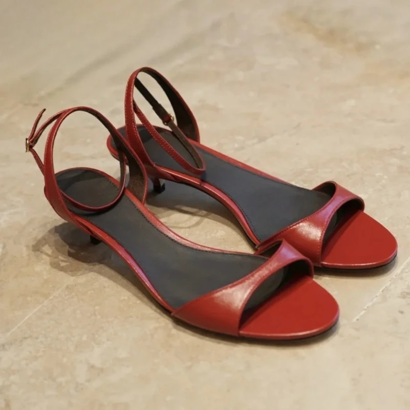 

2025 New Women Genuine Leather Sandals Kitten High Heels Party Wedding Sandals Woman Summer Prom Pumps Red White Yellow