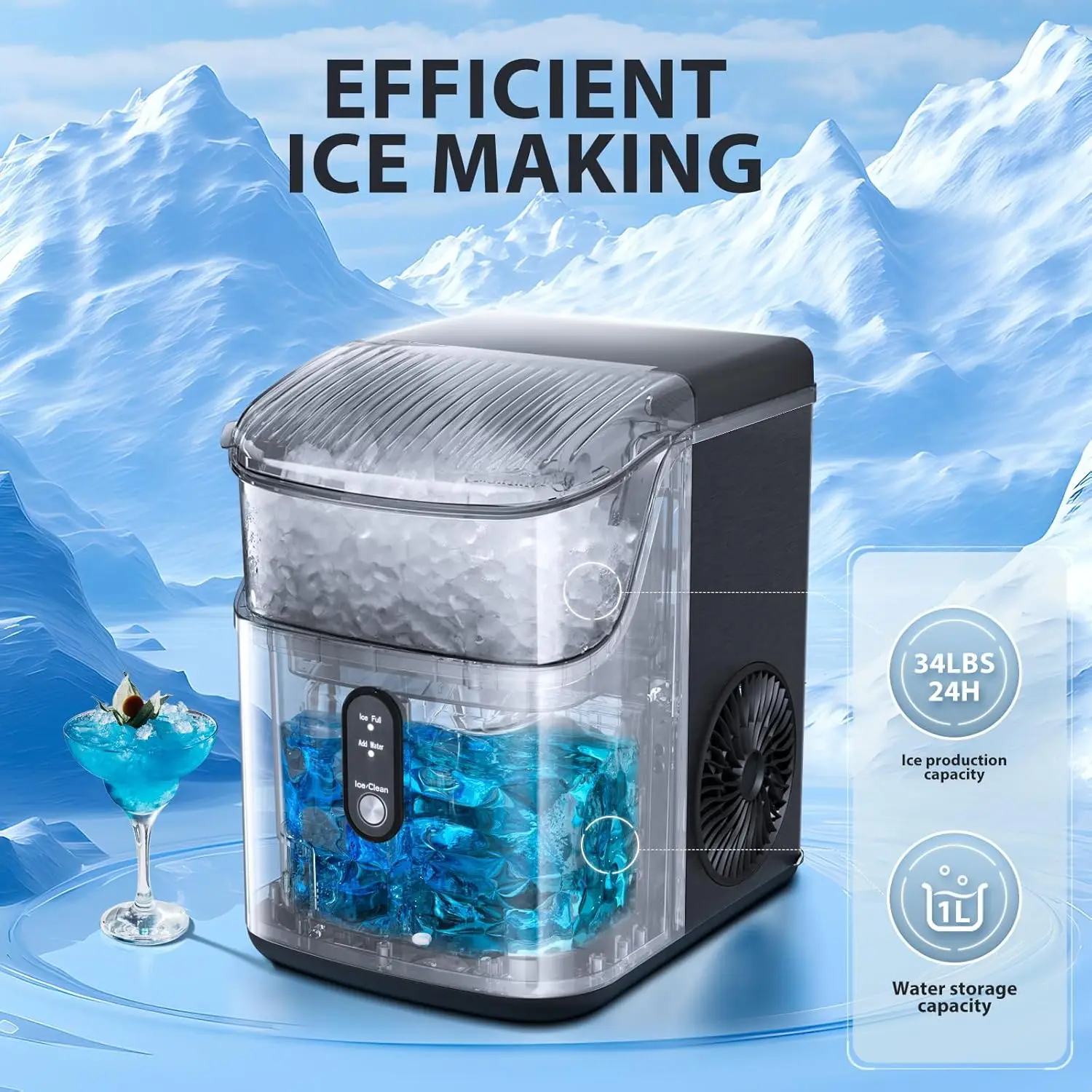 Nugget Ice Maker with Soft Chewable Pellet Ice, Pebble Portable Ice Machine, 36Lbs/24H, Self-Cleaning, Sonic Ice Make