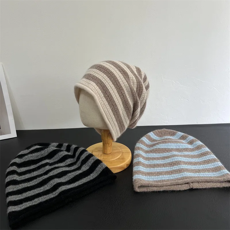New Striped Women's Winter Beanies Hat Rabbit Fur Soft Warm Best Matched Casual Slouchy Skullies Bonnets Cap Outdoor Girls Gift