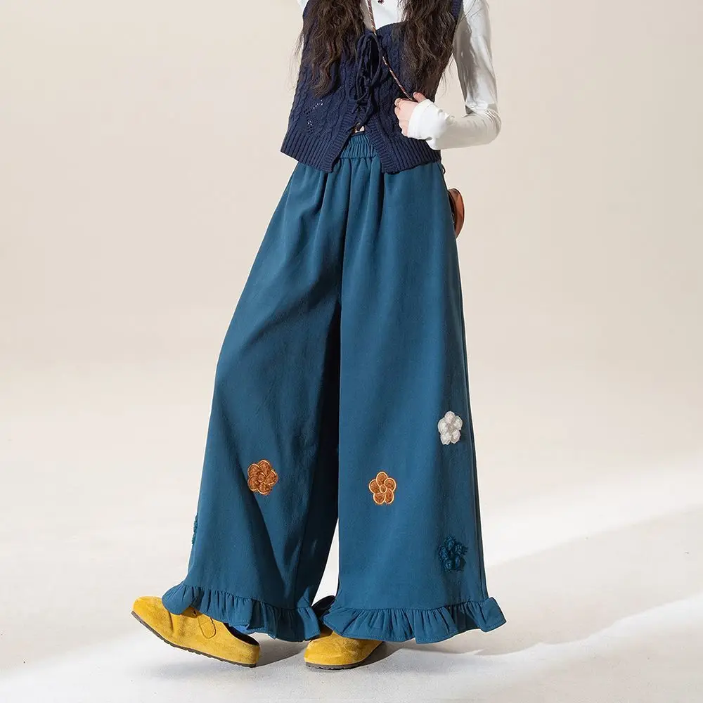 

Blue wide-leg pants, flower embroidered high-waisted straight-leg pants, new fleece thickened loose casual trousers, women