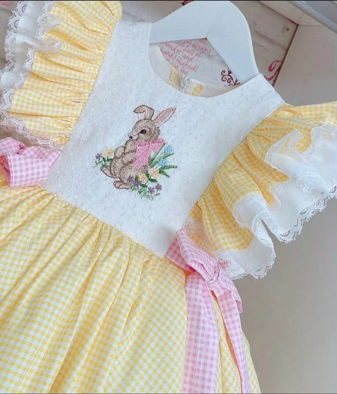 Baby Girl Summer Rabbit Embroidery Vintage Spanish Princess Ball Gown Yellow Plaid Dress for Party Holiday Eid Easter Casual