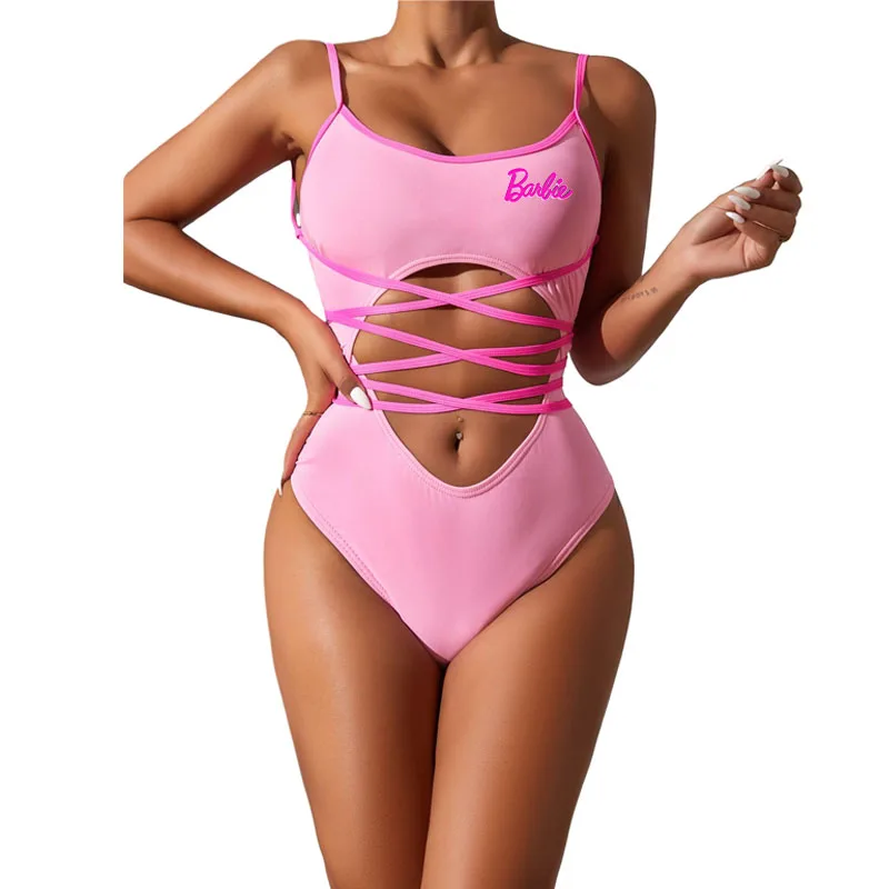 Cartoon Sexy Contrast Color Barbie One-Piece Swimsuit Fashionable Versatile Suspender Backless Hollow Bikini Swimsuit for Women