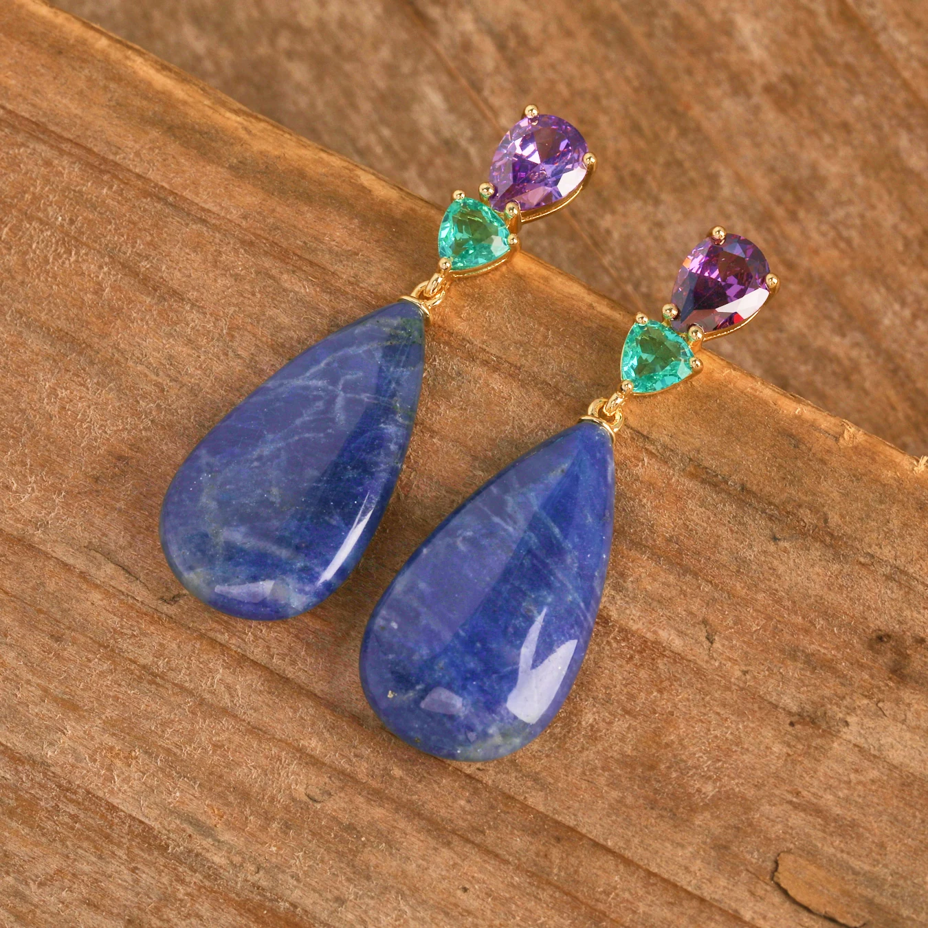 Classic Luxury Beauty Natural Gemstone Rose Quartz Amethyst Blue Sodalite Pendant Earrings Gold Plated with Zircon Inlay