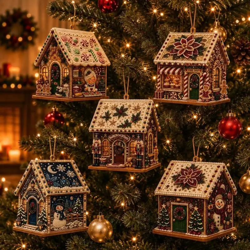 DIY-Weihnachtsperlen-Kunstset mit Strassstein-Gemäldestück und Perlen-Akzenten für eine abschließende hausförmige Präsentation – Detail 2