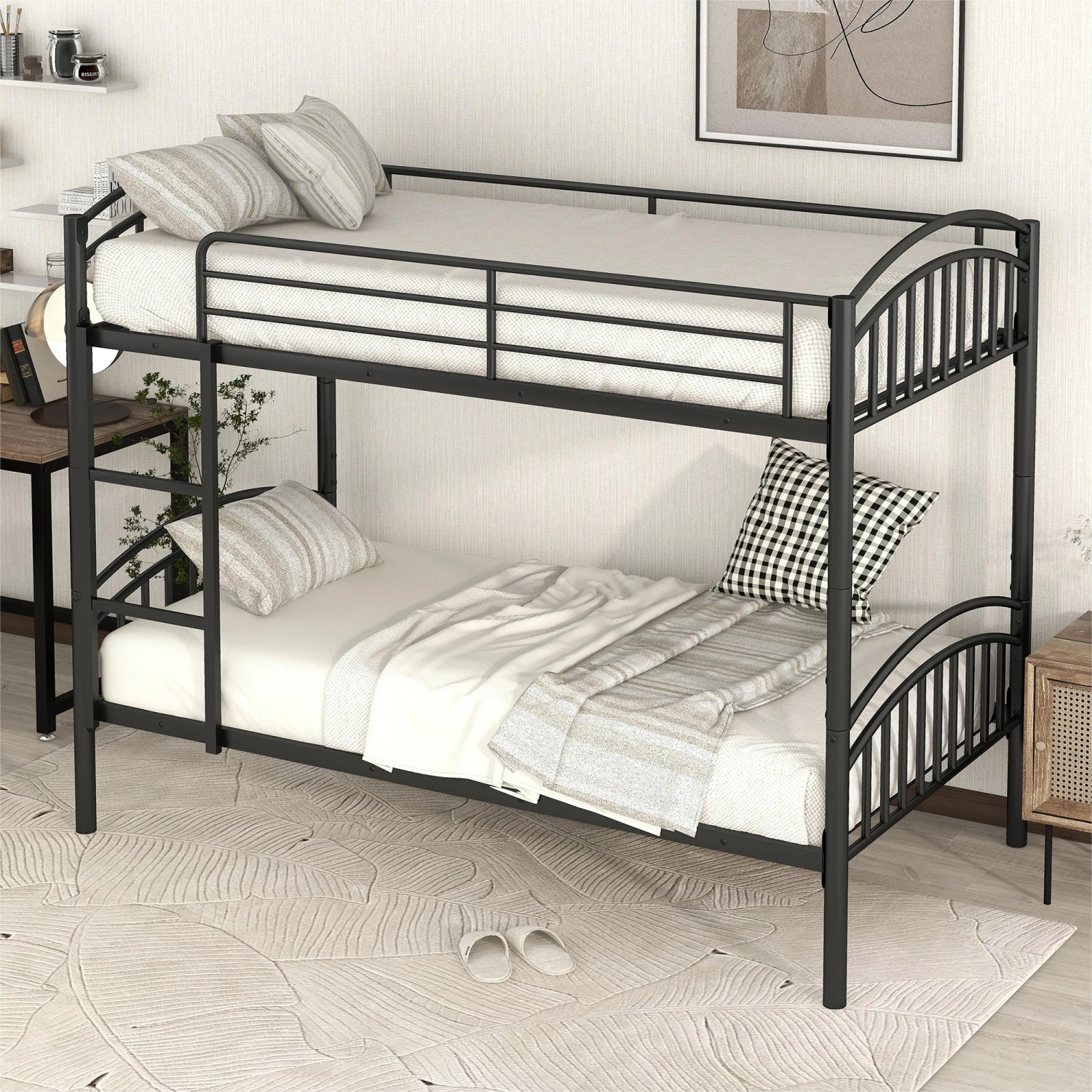 Twin Over Twin Metal Bunk Bed,Divided into Two Beds(Black){OLD SKU MF280424AAB}