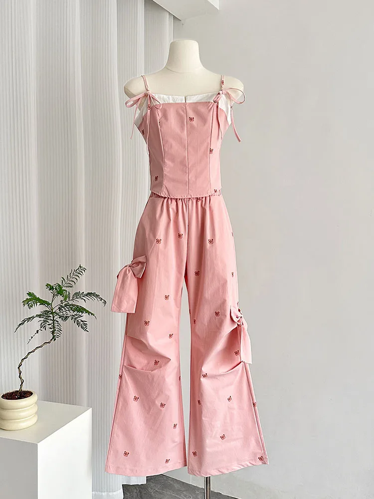 Summer 2024 Outfits 2 Piece Pants Sets Pink Print Sexy Strapless Tank Top+New Design Mid Waist Bow Wide Leg Pants Korean Tide