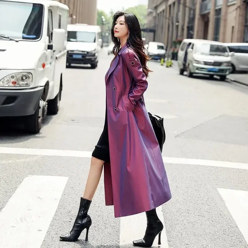 Fashion Ladies High-grade Trench Coat Female Purple Temperament Coat High-end Atmosphere Long Style Thigh-high Jacket New 2024