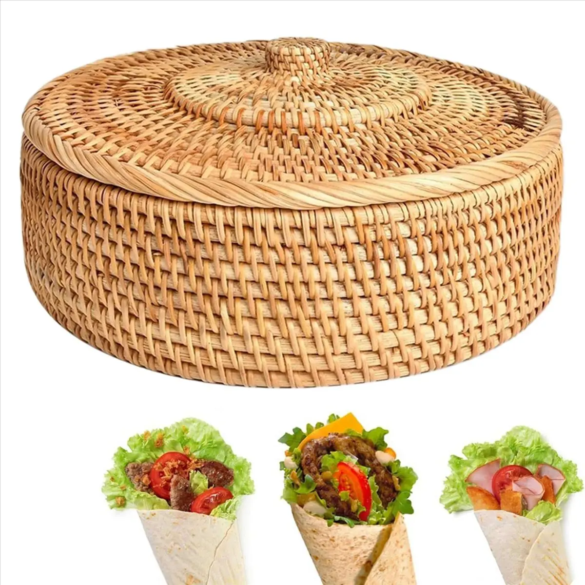 A24I Round Rattan Boxes with Lid Hand-Woven Multi-Purpose Wicker Tray 10.2Inch Picnic Food Bread Table Storage Basket