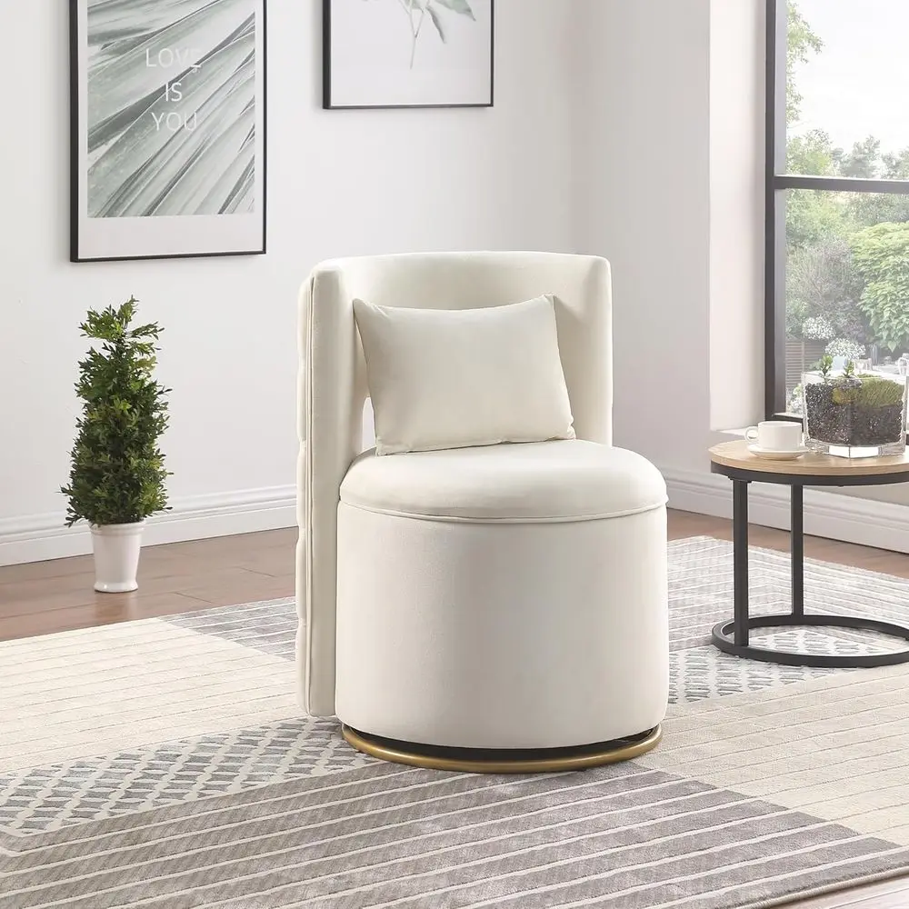 Round Velvet Storage Swivel Chair with Button-Tufted Back and Pillow (Beige)