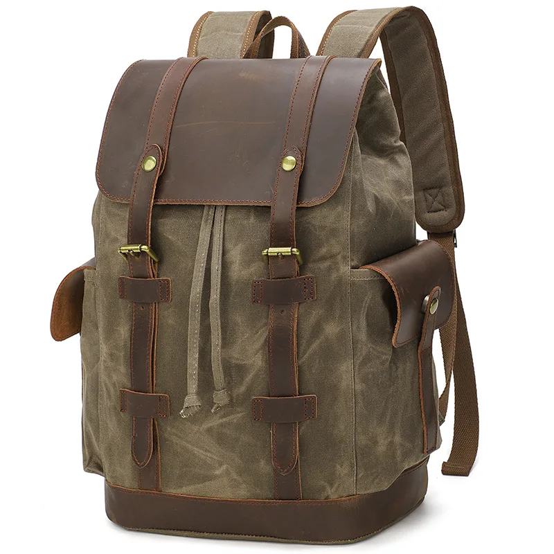 Duży plecak z woskowanej tkaniny płóciennej dla mężczyzn, brązowe skórzane wykończenia, zamykany na sznurek i klamrę, torba podróżna na zewnątrz, podwójne ramię.