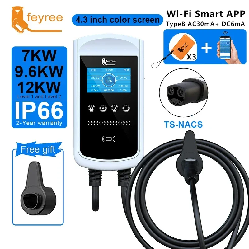 

feyree EV Charging Station 32A 7KW Electric Vehicle Car Charger EVSE Wallbox 9.6KW 12KW 5m Cable Tesla NACS Socket APP Control