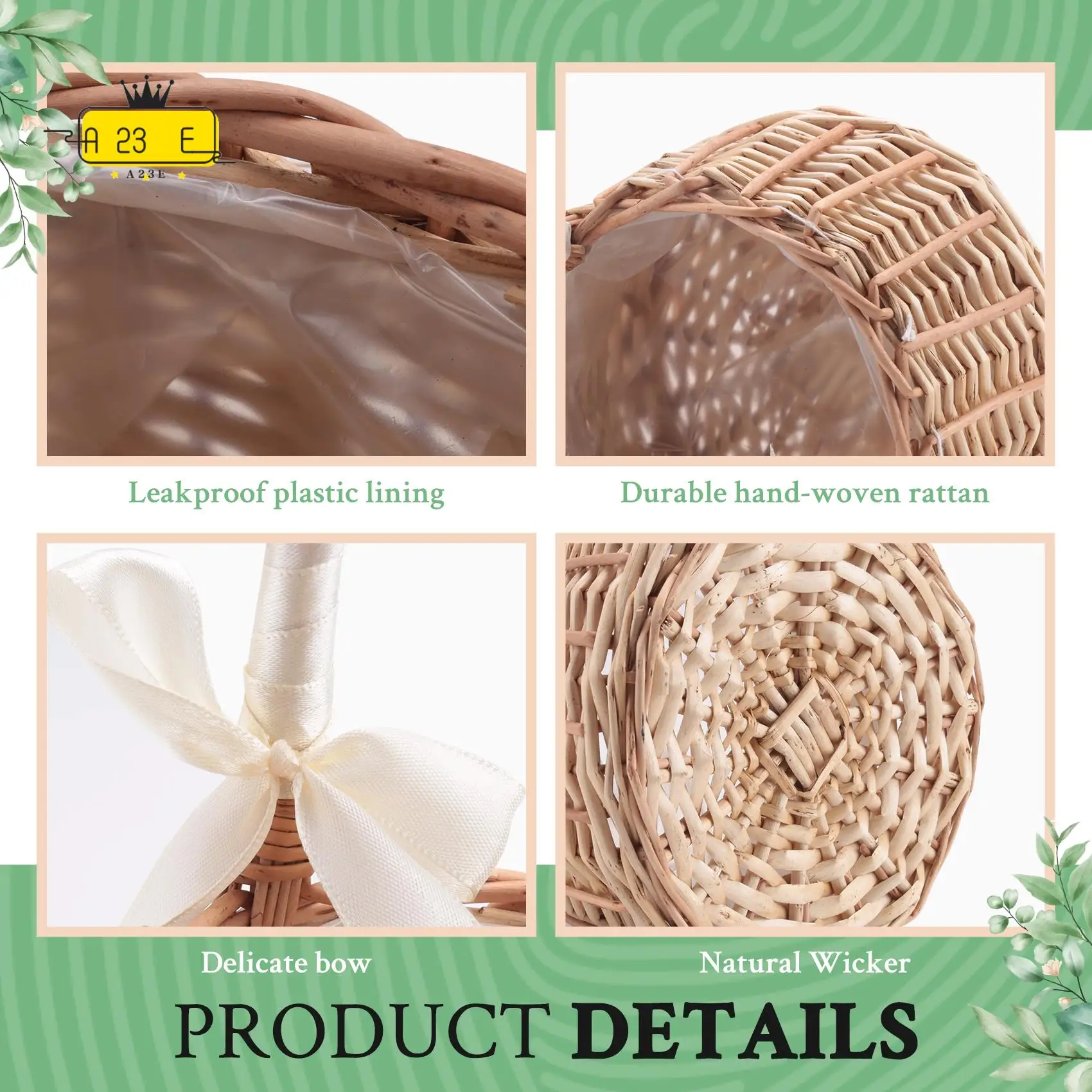 

A23E-Woven Flower Basket Rattan Storage Basket Flower Girl Hand Basket Handmade Flower Basket With Bow