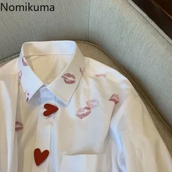 Nomikuma Blusas Para Mujer Spring Autumn Turn Down Collar Lip Print Shirts for Women Fashion Elegant Casual Camisas De Mujer