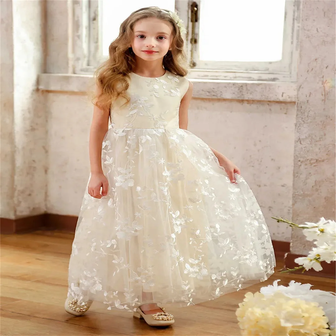 Vestido largo de tul con flores para niña, vestido recto con bordado de flores para niña, encaje, informal, elegante, sin mangas de princesa