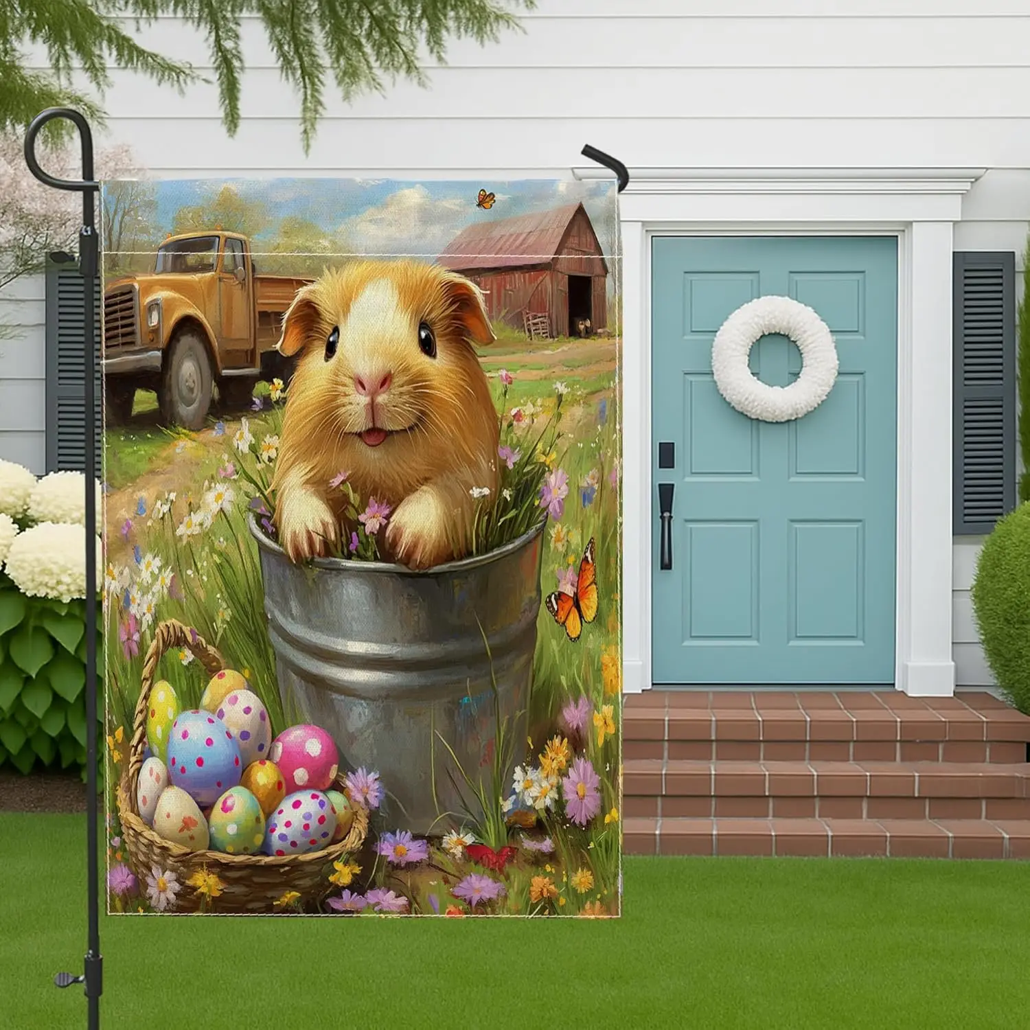 Spring Easter Guinea Pig Garden Flags 12x18 Inch for Outside, Farmhouse Barn Eggs Animal Standard Vertical Linen Flags, Coun AAS